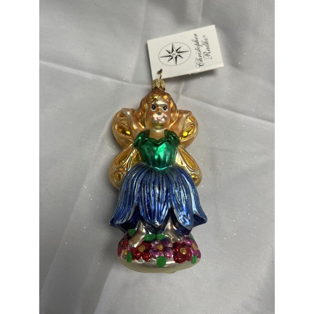 Vintage Radko Fairy 1999 *Flora Bells* RARE 3d Glass Ornament Christmas Blue Grn